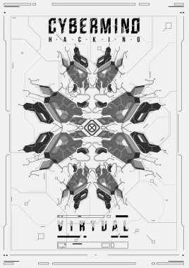 Cyberpunk fütüristik poster. Retro futuristik poster şablonu. Teknik soyut poster şablonu. Web ve baskı için modern el ilanı. kesmek, siber kültür, programlama ve sanal ortamlar.