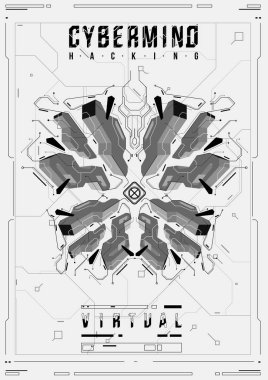 Cyberpunk fütüristik poster. Retro futuristik poster şablonu. Teknik soyut poster şablonu. Web ve baskı için modern el ilanı. kesmek, siber kültür, programlama ve sanal ortamlar.