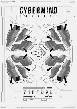 Cyberpunk fütüristik poster. Retro futuristik poster şablonu. Teknik soyut poster şablonu. Web ve baskı için modern el ilanı. kesmek, siber kültür, programlama ve sanal ortamlar.