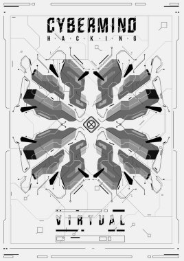 Cyberpunk fütüristik poster. Retro futuristik poster şablonu. Teknik soyut poster şablonu. Web ve baskı için modern el ilanı. kesmek, siber kültür, programlama ve sanal ortamlar.