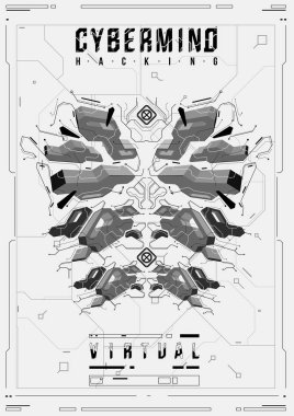 Cyberpunk fütüristik poster. Retro futuristik poster şablonu. Teknik soyut poster şablonu. Web ve baskı için modern el ilanı. kesmek, siber kültür, programlama ve sanal ortamlar.