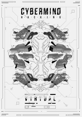 Cyberpunk fütüristik poster. Retro futuristik poster şablonu. Teknik soyut poster şablonu. Web ve baskı için modern el ilanı. kesmek, siber kültür, programlama ve sanal ortamlar.