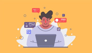 Süper profesyonel bir programcı veya proje yöneticisivektör illüstrasyon. Komik çizgi film karakteri.