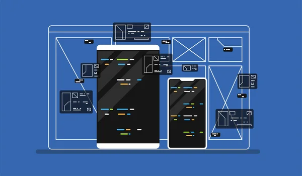 Ilustrasi pengembangan web. memprogram crossplatforn. Templat kreatif bagi web dan cetak . - Stok Vektor