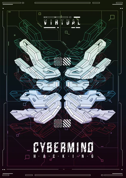 Cyberpunk futurisztikus poszter. Retro futurisztikus reklámplakát elkészítéséhez. Tech absztrakt a reklámplakát elkészítéséhez. Modern szórólap webes és a nyomtatott. szaggató köhögés, számítógépes kultúra, programozási és virtuális környezetekhez. — Stock Vector