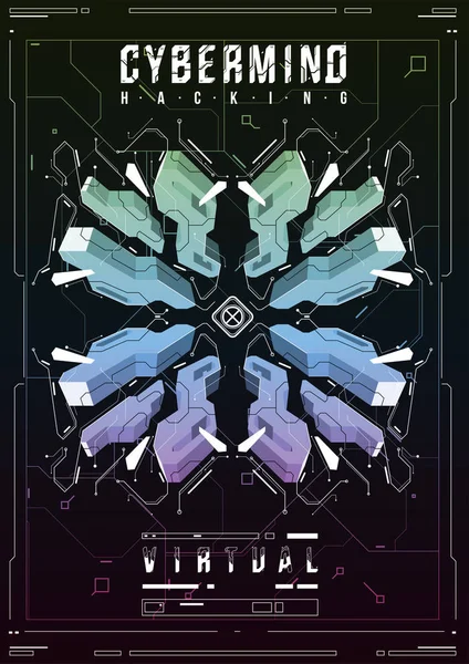 Cyberpunk fütüristik poster. Retro futuristik poster şablonu. Teknik soyut poster şablonu. Web ve baskı için modern el ilanı. kesmek, siber kültür, programlama ve sanal ortamlar.