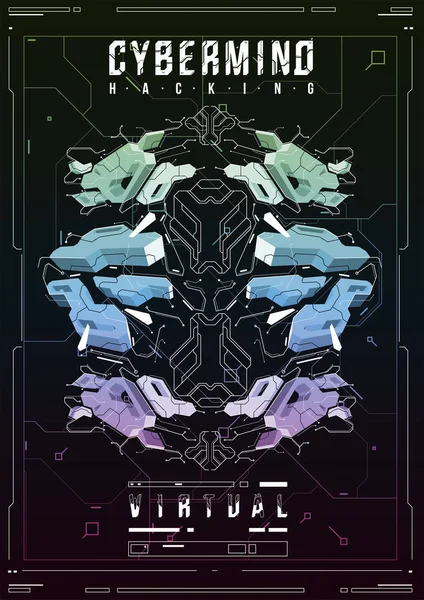 Cyberpunk fütüristik poster. Retro futuristik poster şablonu. Teknik soyut poster şablonu. Web ve baskı için modern el ilanı. kesmek, siber kültür, programlama ve sanal ortamlar.