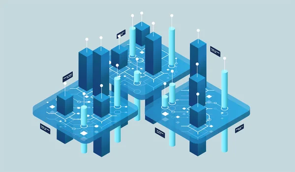 Concept de design isométrique réalité virtuelle et réalité augmentée. développement et programmation de logiciels. Calcul du big data center, technologie quantique des vecteurs isométriques — Image vectorielle