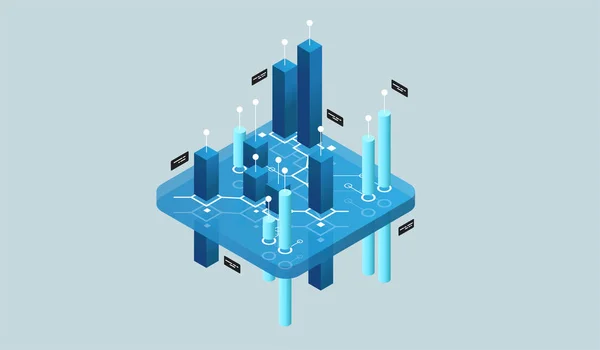 Isometrisk design, virtuell virkelighet og utvidet virkelighet. programvareutvikling og programmering. Beregning av store datasentre, kvantedatamaskinens isometriske vektorteknologi – stockvektor