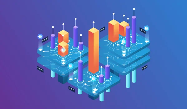 Conceito de design isométrico realidade virtual e realidade aumentada. desenvolvimento e programação de software. Computação de Big Data Center, tecnologia de vetor isométrico de computador quântico —  Vetores de Stock