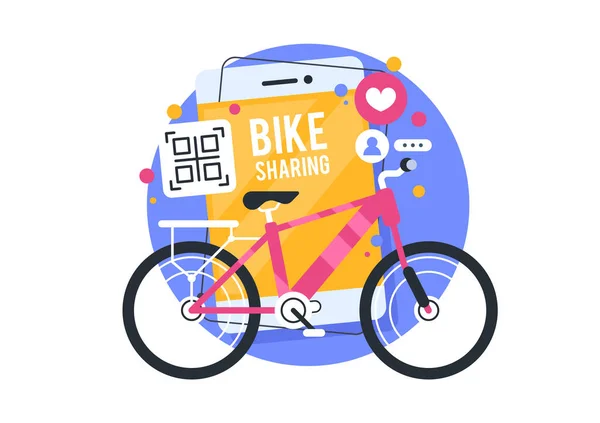 Bisiklet paylaşım illüstrasyonu, bisiklet kiralama uygulaması. Modern online uygulamalar. İş illüstrasyonu kavramı. — Stok Vektör