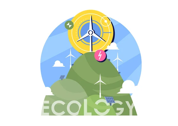 Ilustración conceptual sobre ecología. Energía eólica y paneles solares. paisaje abstracto . — Vector de stock