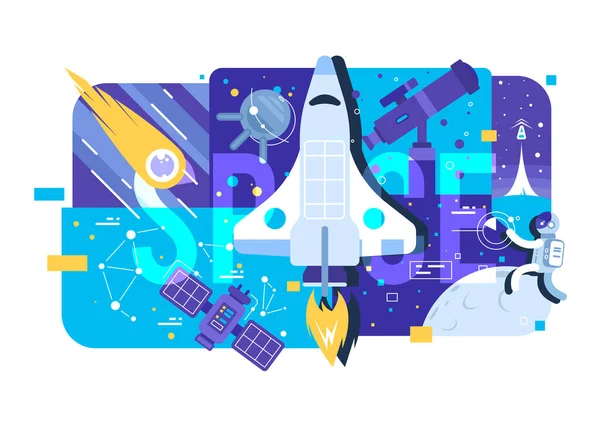 Creative illustration about space exploration. Space rocket or shuttle on an abstract background. — Stock Vector