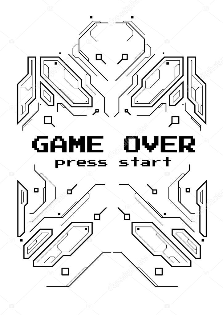 Futuristic poster with retro games elements. Game over screen with virtual reality style. Template for print and web.