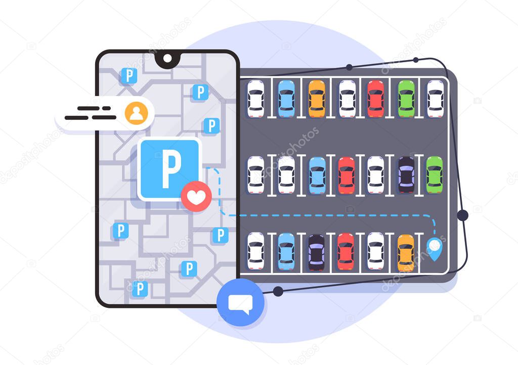 Online application for finding parking spaces, city parking, vector illustration.