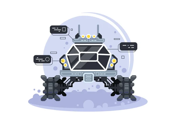 Robot penjelajah bulan Futuristik. Peralatan khusus untuk eksplorasi ruang angkasa, ilustrasi kendaraan all-terrain untuk perjalanan alien dan penelitian . - Stok Vektor