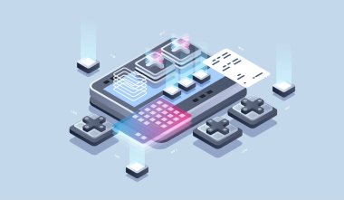 Web tasarımı ve geliştirmesi. Mobil uygulama geliştirme, Programcı ve mühendislik izometrik çizim.