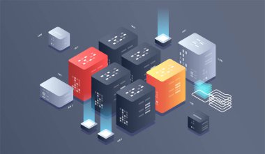 Isometric Dijital Teknoloji Web Afişi. Büyük Veritabanı Öğrenme Algoritması. Veri analizi, araştırma, denetim, nüfus grafikleri, Yapay Zeka, izometrik görselleştirme kavramı