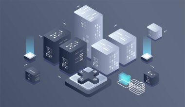 Isometric Dijital Teknoloji Web Afişi. Büyük Veritabanı Öğrenme Algoritması. Veri analizi, araştırma, denetim, nüfus grafikleri, Yapay Zeka, izometrik görselleştirme kavramı
