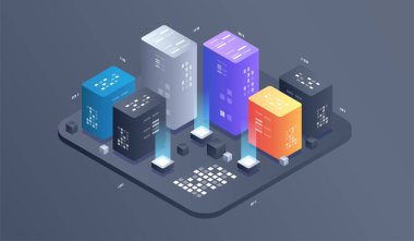 Isometric Dijital Teknoloji Web Afişi. Büyük Veritabanı Öğrenme Algoritması. Veri analizi, araştırma, denetim, nüfus grafikleri, Yapay Zeka, izometrik görselleştirme kavramı