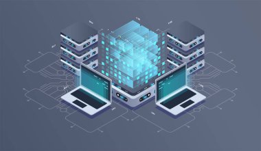 Kuantum bilgisayarı için teknolojik izometrik bilgi tasarımı. Blockchain sunucu konsepti, sunucu odası, veritabanı, bilgi depolama. Yaratıcı izometrik kavram.