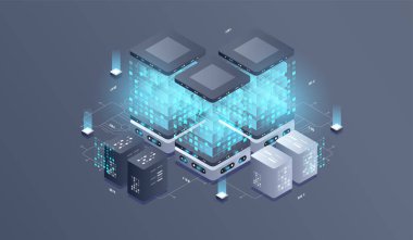 Kuantum bilgisayarı için teknolojik izometrik bilgi tasarımı. Blockchain sunucu konsepti, sunucu odası, veritabanı, bilgi depolama. Yaratıcı izometrik kavram.