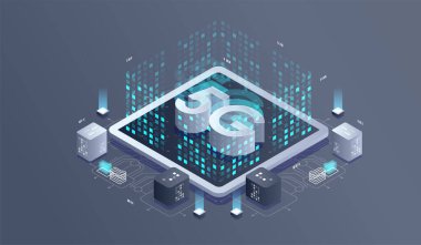 5G ağ kablosuz teknolojisi. İletişim ağı, İş izometrik kavram.