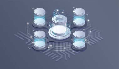 Veri tabanı izometrik vektör çizimi. bilgi akışı, dijital bilim laboratuvarı, veri merkezi sunucu odası izometrik konsept.