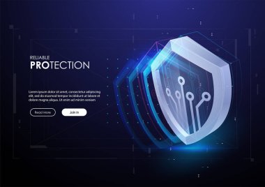 Fütürist tarzda kalkan. Koruma Şirketi Konsepti. Gelecekteki teknoloji şablonu. Güvenlik veri konsepti vektör çizimi. Geleceksel HUD arkaplanı.