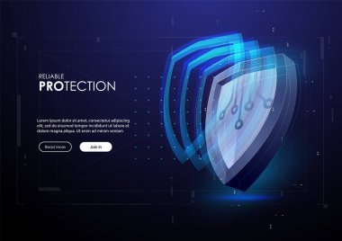 Fütürist tarzda kalkan. Koruma Şirketi Konsepti. Gelecekteki teknoloji şablonu. Güvenlik veri konsepti vektör çizimi. Geleceksel HUD arkaplanı.