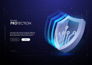 Fütürist tarzda kalkan. Koruma Şirketi Konsepti. Gelecekteki teknoloji şablonu. Güvenlik veri konsepti vektör çizimi. Geleceksel HUD arkaplanı.