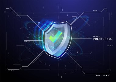 Fütürist tarzda kalkan. Koruma Şirketi Konsepti. Gelecekteki teknoloji şablonu. Güvenlik veri konsepti vektör çizimi. Geleceksel HUD arkaplanı.