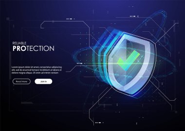 Fütürist tarzda kalkan. Koruma Şirketi Konsepti. Gelecekteki teknoloji şablonu. Güvenlik veri konsepti vektör çizimi. Geleceksel HUD arkaplanı.