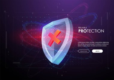 Fütürist tarzda kalkan. Koruma Şirketi Konsepti. Gelecekteki teknoloji şablonu. Güvenlik veri konsepti vektör çizimi. Geleceksel HUD arkaplanı.