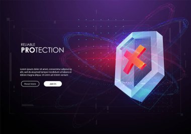 Fütürist tarzda kalkan. Koruma Şirketi Konsepti. Gelecekteki teknoloji şablonu. Güvenlik veri konsepti vektör çizimi. Geleceksel HUD arkaplanı.