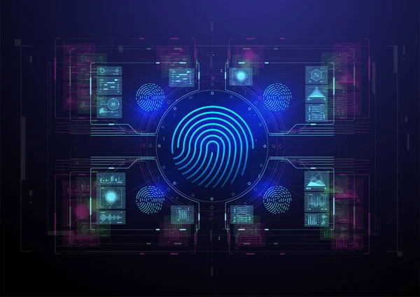 Biyometrik Kimlik Tanıma veya Tanıma Sistemi. Parmak izi taraması. Yüksek çözünürlüklü teknik arkaplanda soyut sanal parmak izi çizimi.
