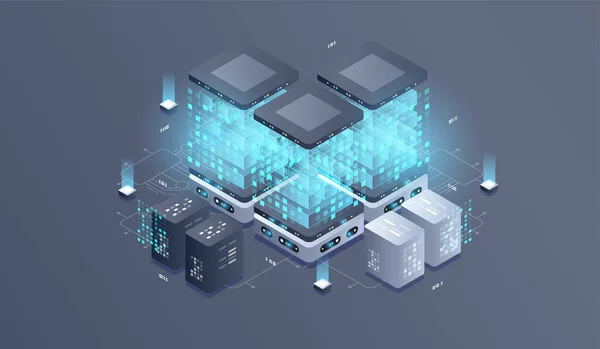 Teknisk Isometrisk Infografisk Design För Kvantdator Blockchain Server Koncept Serverrum — Stock vektor