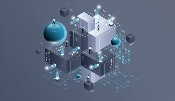 Datacenter Isometric Vector Illustration Information Flow Digital Science Lab Data — Stock Vector