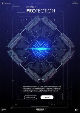 Biyometrik Kimlik Tanıma veya Tanıma Sistemi. Parmak izi taraması. Yüksek çözünürlüklü teknik arkaplanda soyut sanal parmak izi çizimi.