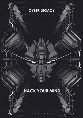 Robot kafalı siber punk fütüristik poster. Teknoloji soyut poster şablonu. Web ve baskı için modern broşür.