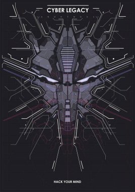Robot kafalı siber punk fütüristik poster. Teknoloji soyut poster şablonu. Web ve baskı için modern broşür.
