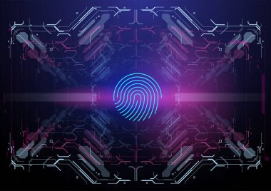 Biyometrik Kimlik Tanıma veya Tanıma Sistemi. Parmak izi taraması. Yüksek çözünürlüklü teknik arkaplanda soyut sanal parmak izi çizimi.