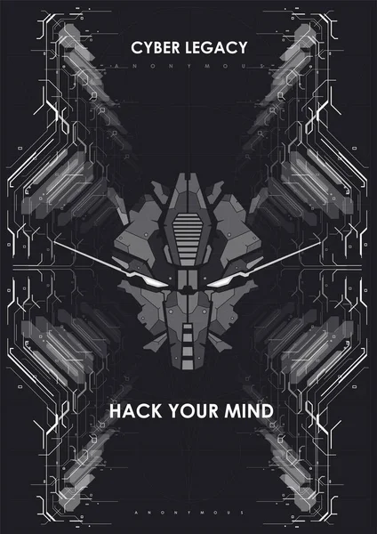 Cartaz futurista cyberpunk com cabeça de robô. Modelo de pôster abstrato Tech. Folheto moderno para web e impressão. —  Vetores de Stock
