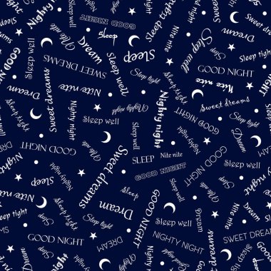 Good night pattern. Seamless print. Blue background. Vector illustration. Moon, stars textile print. clipart