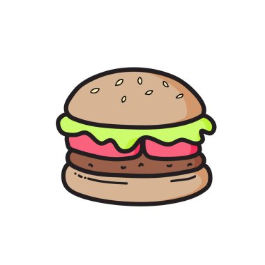 Şirin çizburger çizim. Abur cubur. Vektör izole. İllüstrasyon.