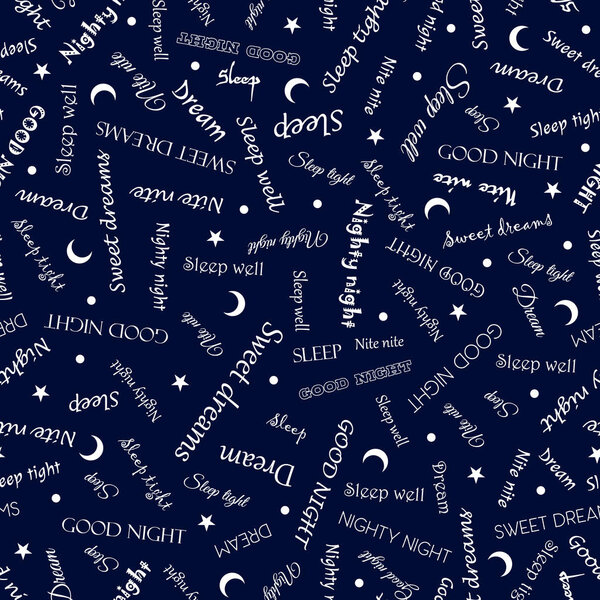 Good night pattern. Seamless print. Blue background. Vector illustration. Moon, stars textile print.
