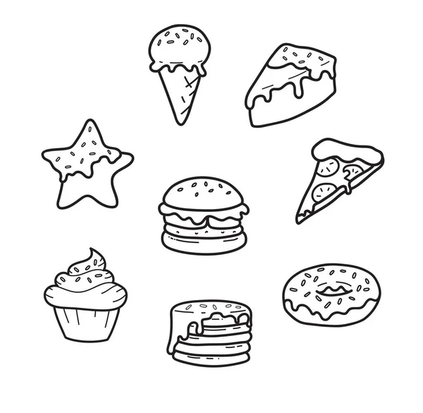 Κόμμα πρόχειρο φαγητό γραμμές χαριτωμένο σχέδιο: Πίτσα, cupcake, παγωτό, Άρτος αρωματισμένος με τζίντζερ, μπιφτέκι, τηγανίτες, ντόνατ, κέικ. Διάνυσμα απομονωμένη. Εικονογράφηση — Διανυσματικό Αρχείο