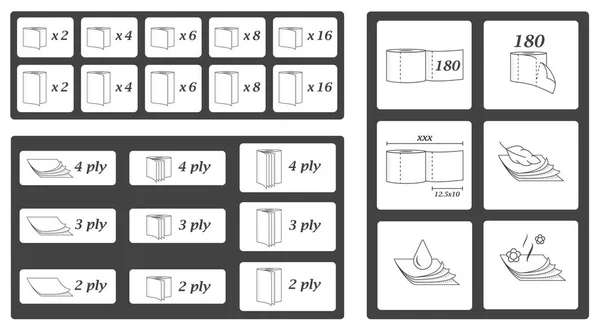 Toiletpapier parameters pictogrammen en symbolen ingesteld. Vector illustratie pack. — Stockvector