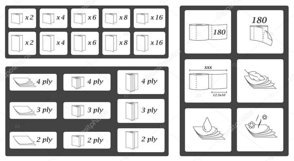 Toilet paper parameters icons and symbols set. Vector illustration pack.