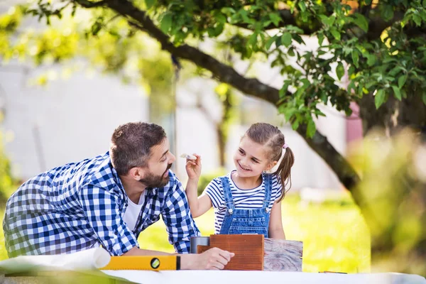 Padre con una piccola figlia fuori, facendo casetta di legno per uccelli . — Foto Stock